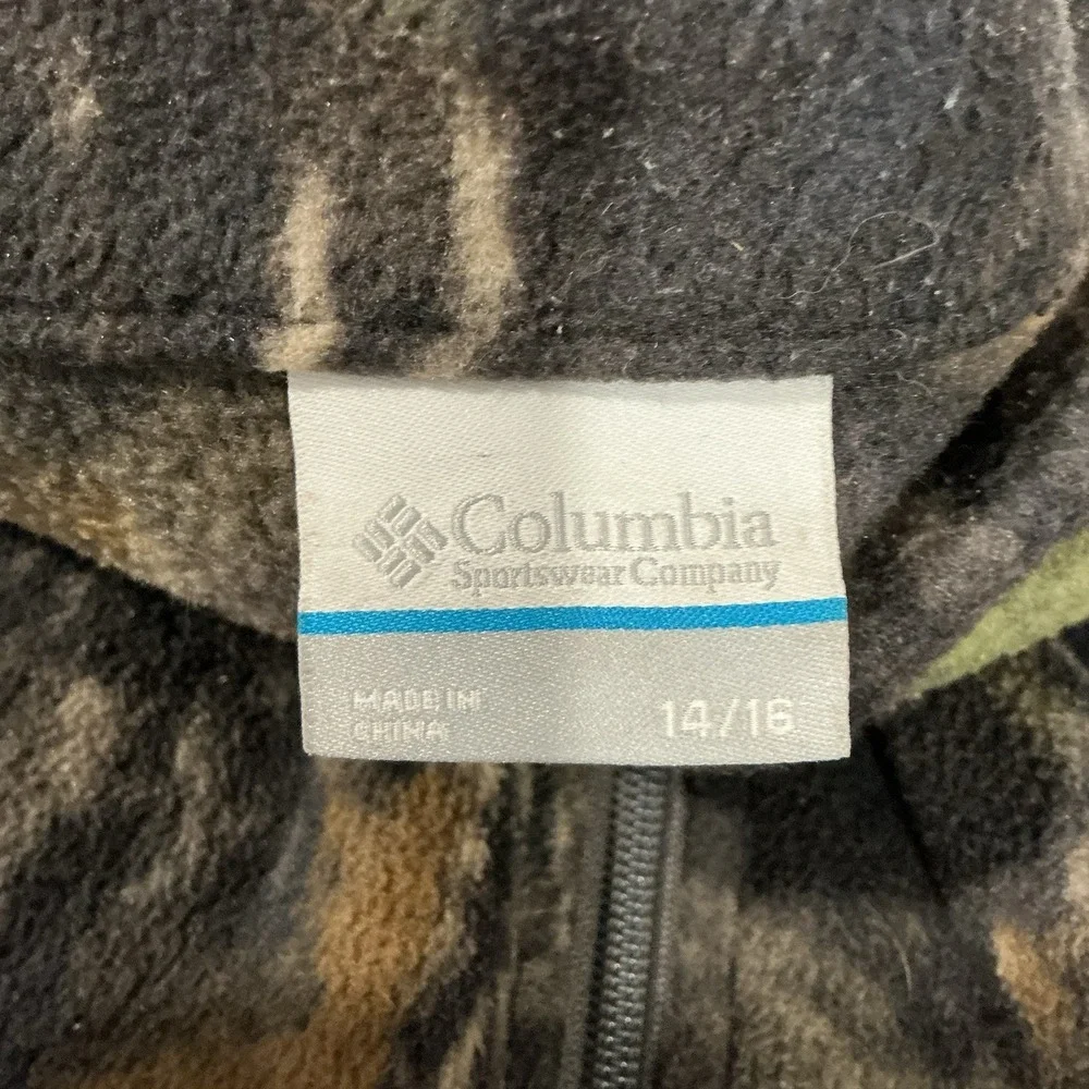 Columbia Camo Fleece Hunting Jacket Youth 14/16 Full Zip Black Logo Pockets Coat